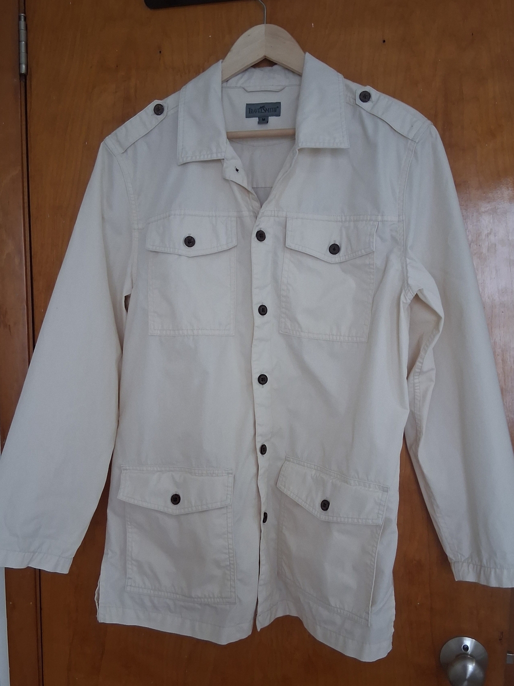 Travel Smith Men M Cream Utility Field Shirt/Jacket Button Up Dual Chest Pocket